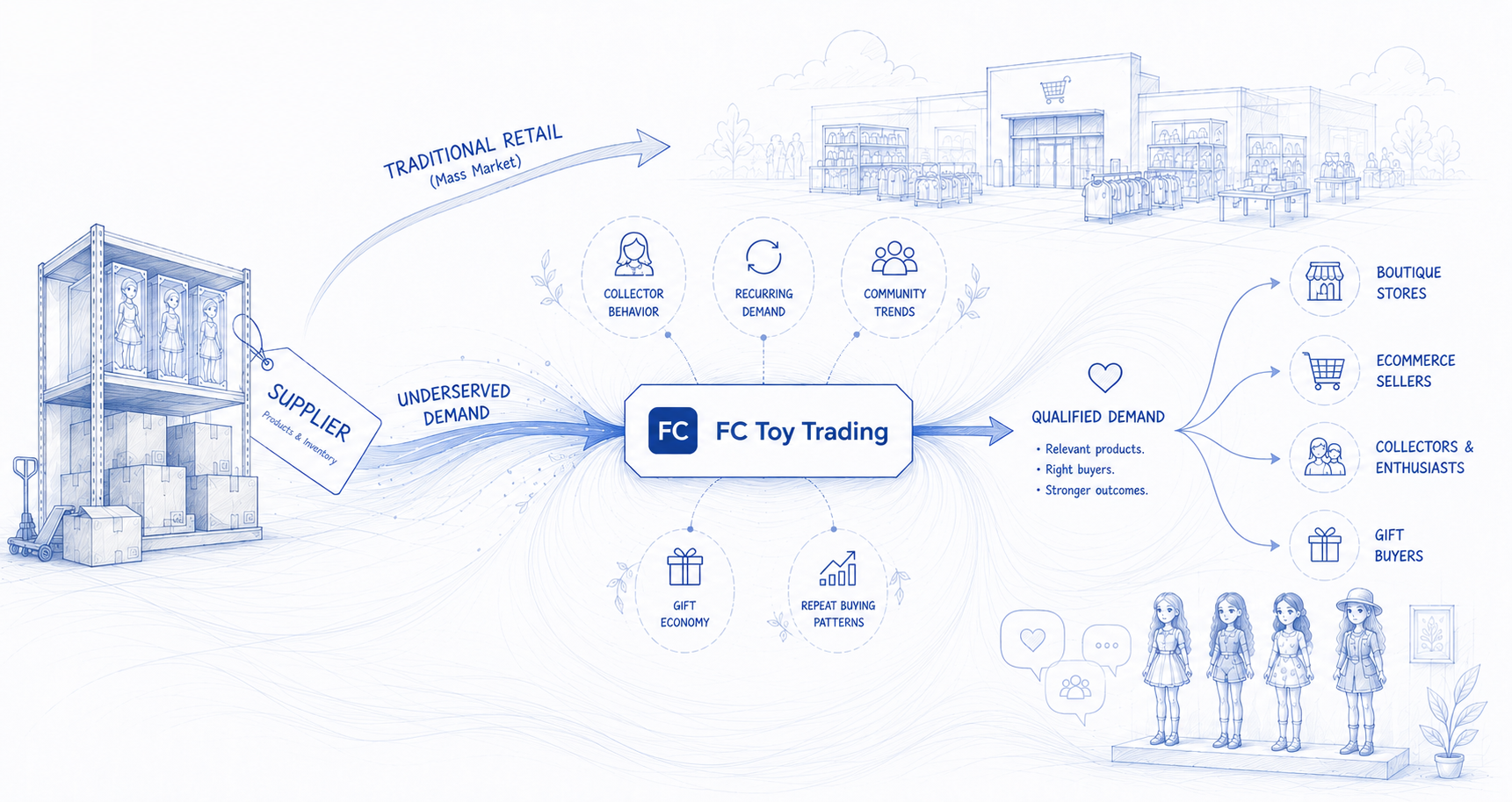 Supplier inventory flows through traditional retail and underserved buyer segments, with FC Toy Trading connecting relevant product opportunities to boutique stores, ecommerce sellers, collectors, and gift buyers.
